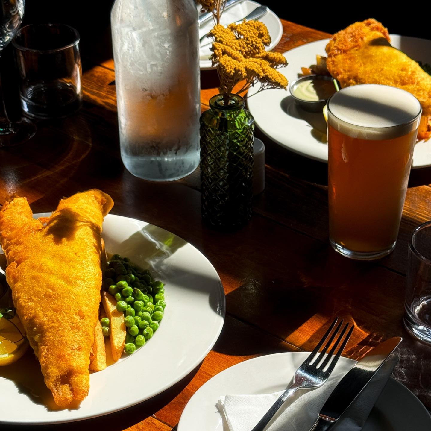 Gluten free fish and chips with a pint at the Delaval Arms
